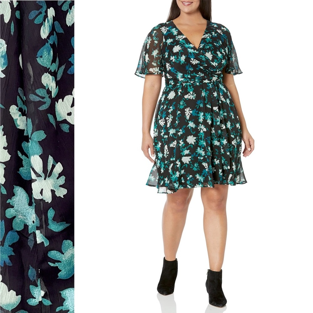 DKNY Chiffon Wrap Effect Floral Dress Fit & Flare Cape Sleeve V-Nack Belted